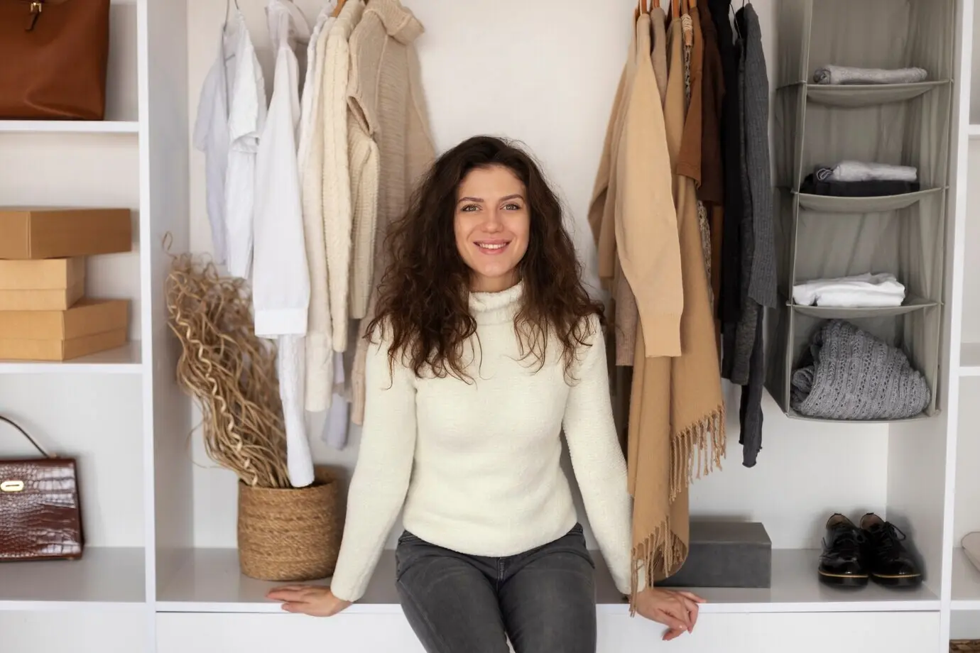 Medium shot of a smiling woman in a wardrobe
